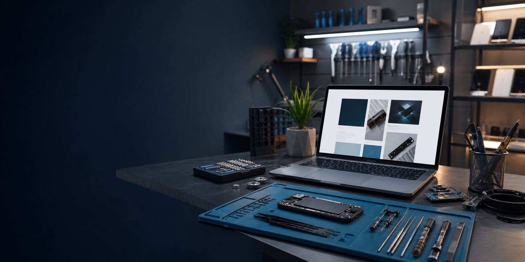 Mesa de reparacion electronica con laptop, telefono y herramientas
